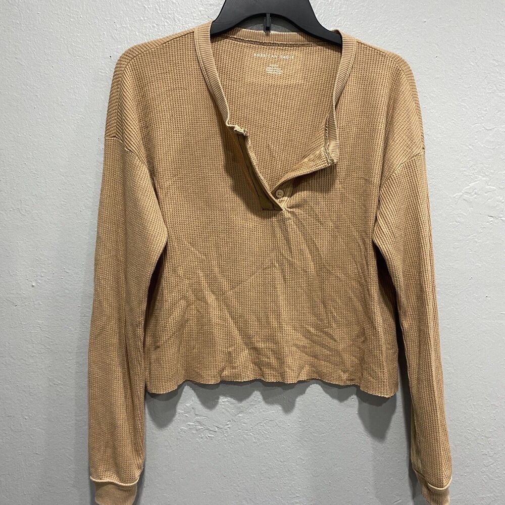 5/$25 merican eagle crop top small s waffle brown knit long sleeves thermo A1